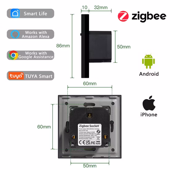 크리스탈 유리 벽 스마트 홈 소켓 Alexa 홈 Zigbee 소켓