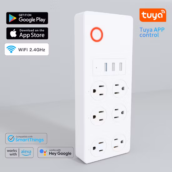 Tuya WiFi 스마트 전원 스트립 USA 6AC 3USB 충전 포트 타이밍 음성 제어 에너지 모니터링은 Alexa Google Assistant와 함께 작동합니다.